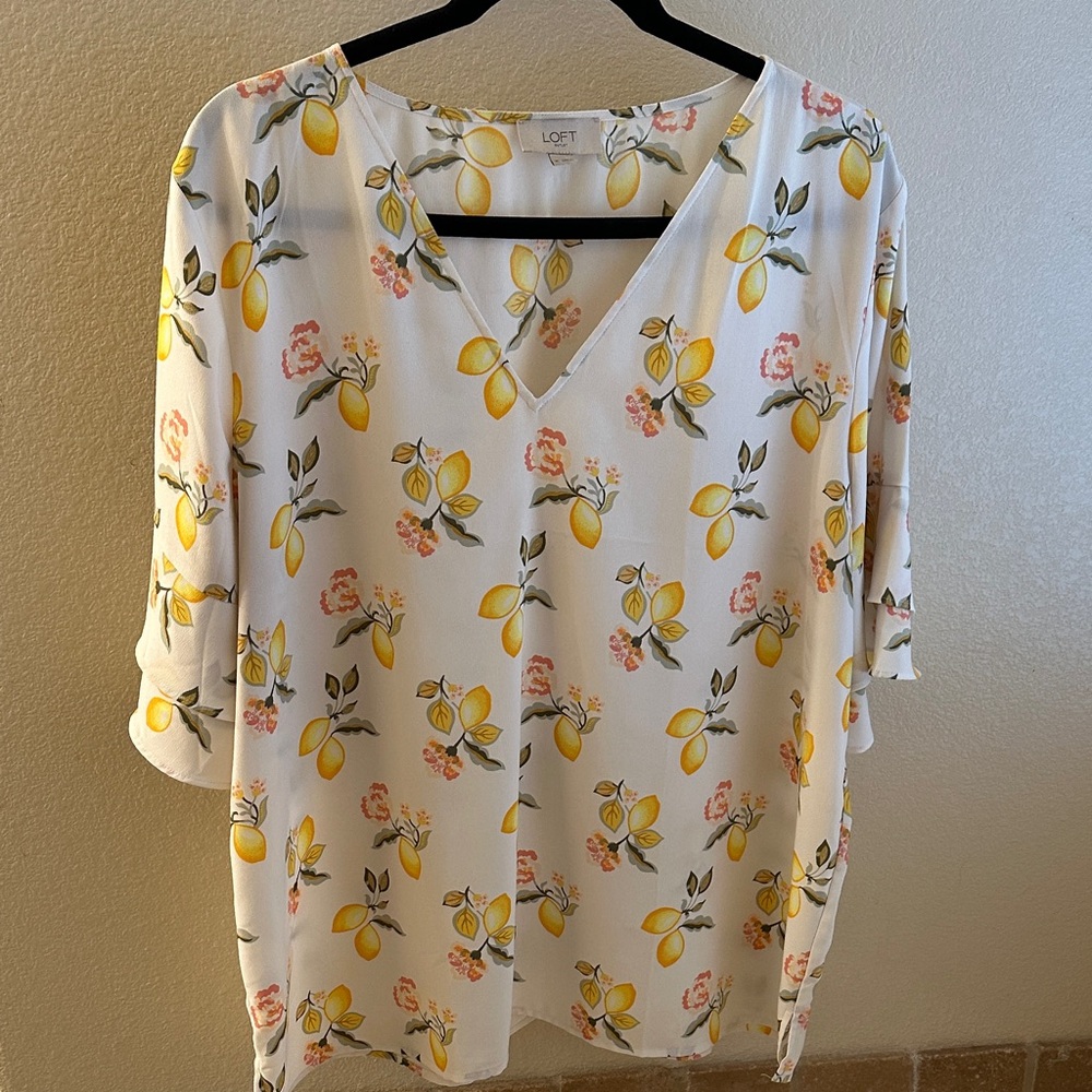 LOFT V-Neck Blouse with Lemon and Floral Design